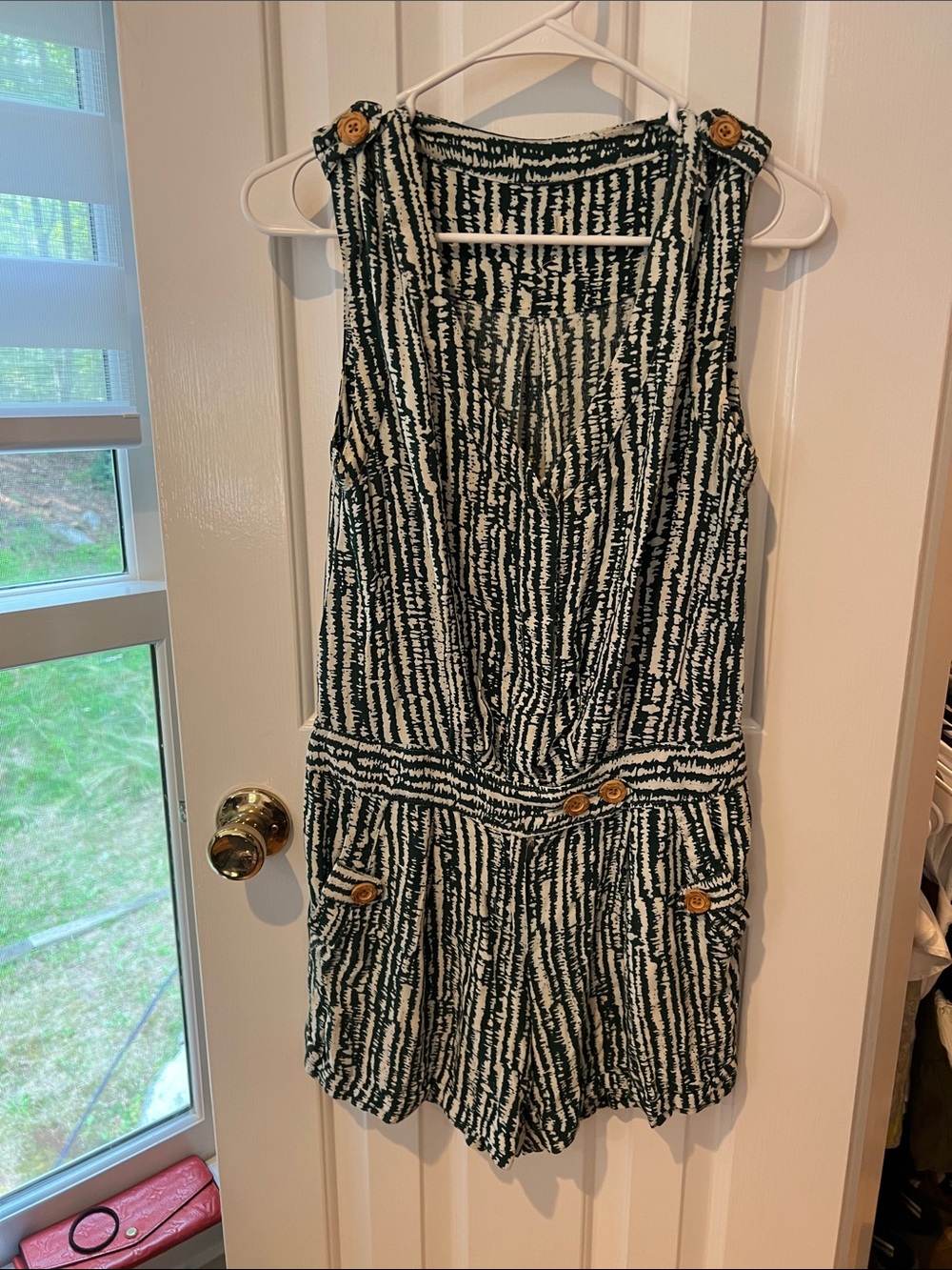 Anthropologie Green and White Striped Sleeveless Romper with Button Accents